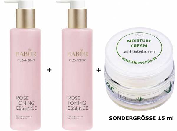 2x BABOR CLEANSING Rose Toning Essence + AloeVernis® BASIC aloe vera MOISTURE cream 15 ml Reisegröße