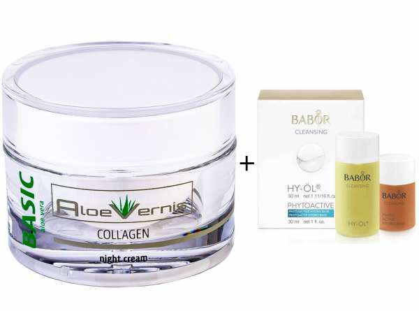 AloeVernis® BASIC aloe vera COLLAGEN night cream + BABOR CLEANSING HY-ÖL 50 ml & Phytoactive Hydro B