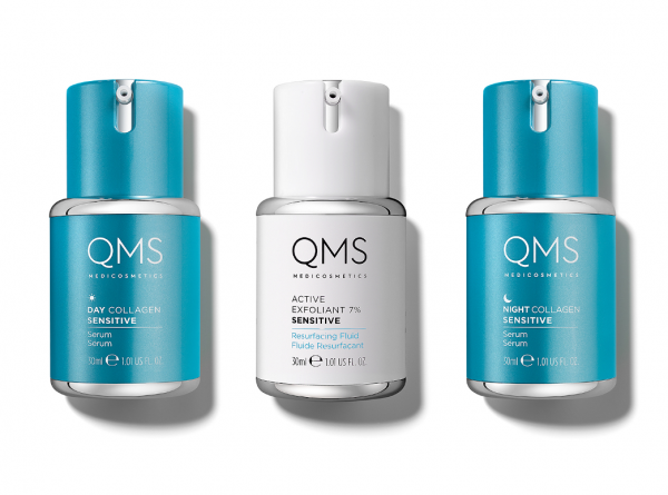 QMS MEDICOSMETICS 3 STEP COLLAGEN SET SENSITIVE 3x 30 ml Day, Night Serum + Active Exfoliant 7 %